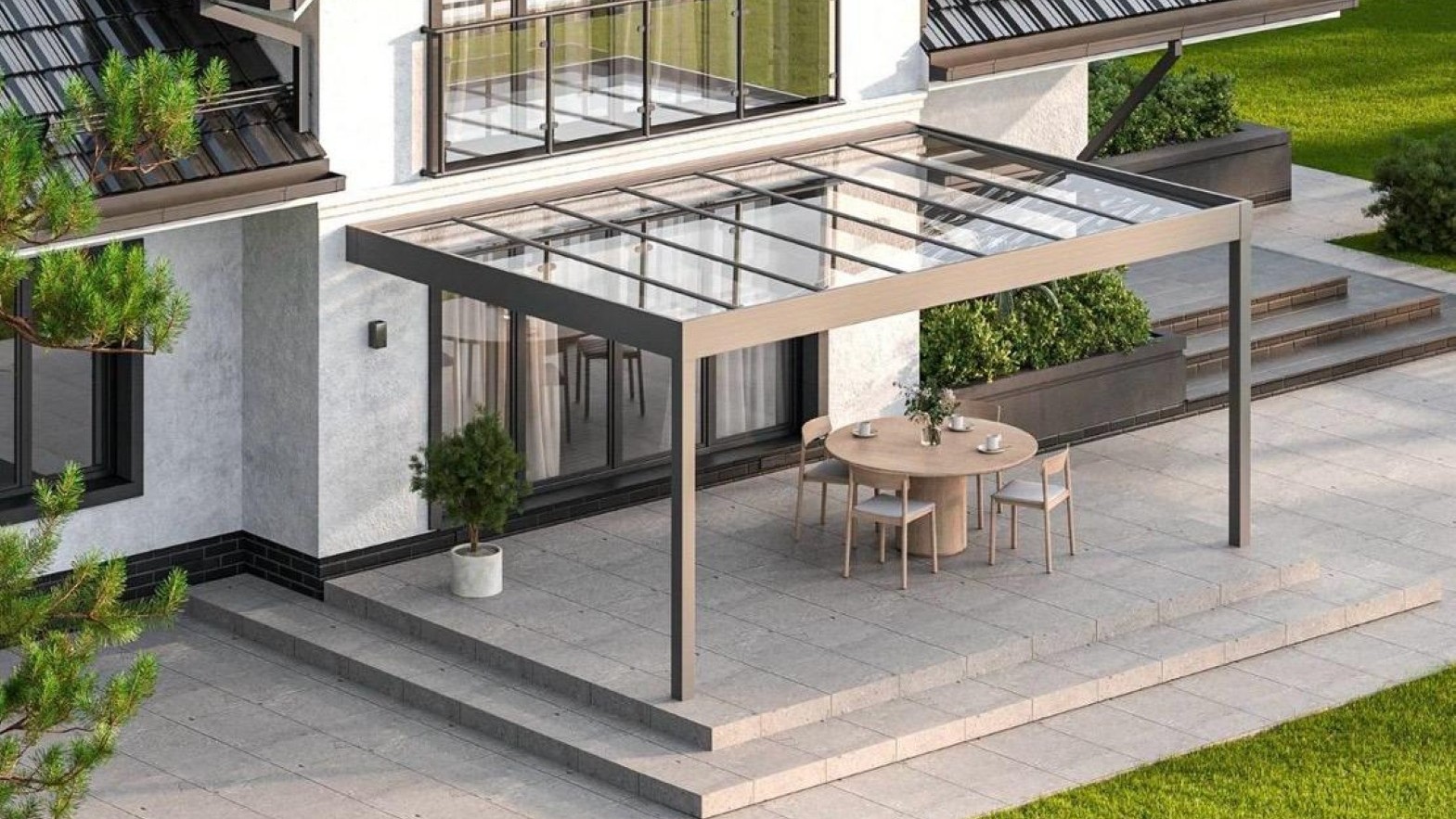 Nowoczesna pergola tarasowa Flat Dach przy domu jednorodzinnym w Gorzowie Wielkopolskim