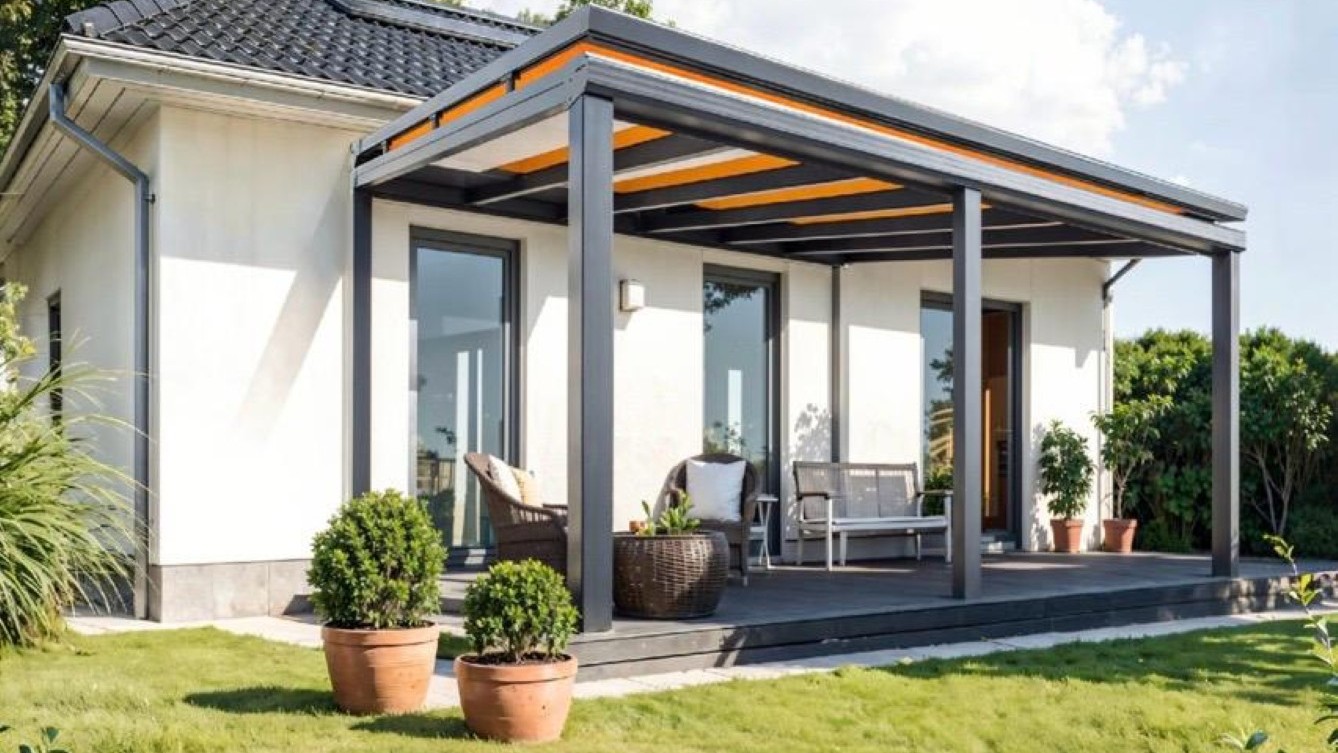 Pergola tarasowa przy domu jednorodzinnym z markizą