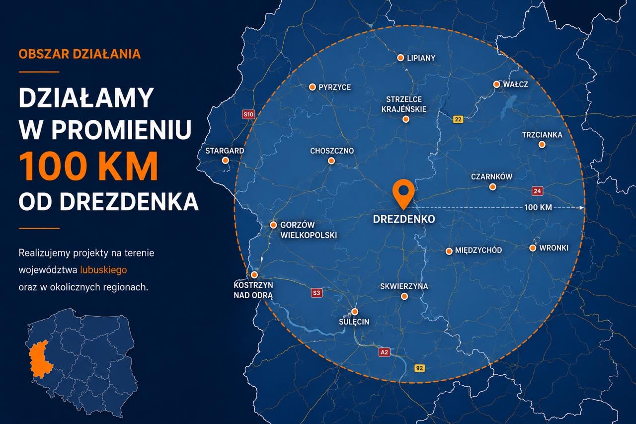 Mapa obszaru działania YAHA Zadaszenia Pro w promieniu 100 km od Drezdenka